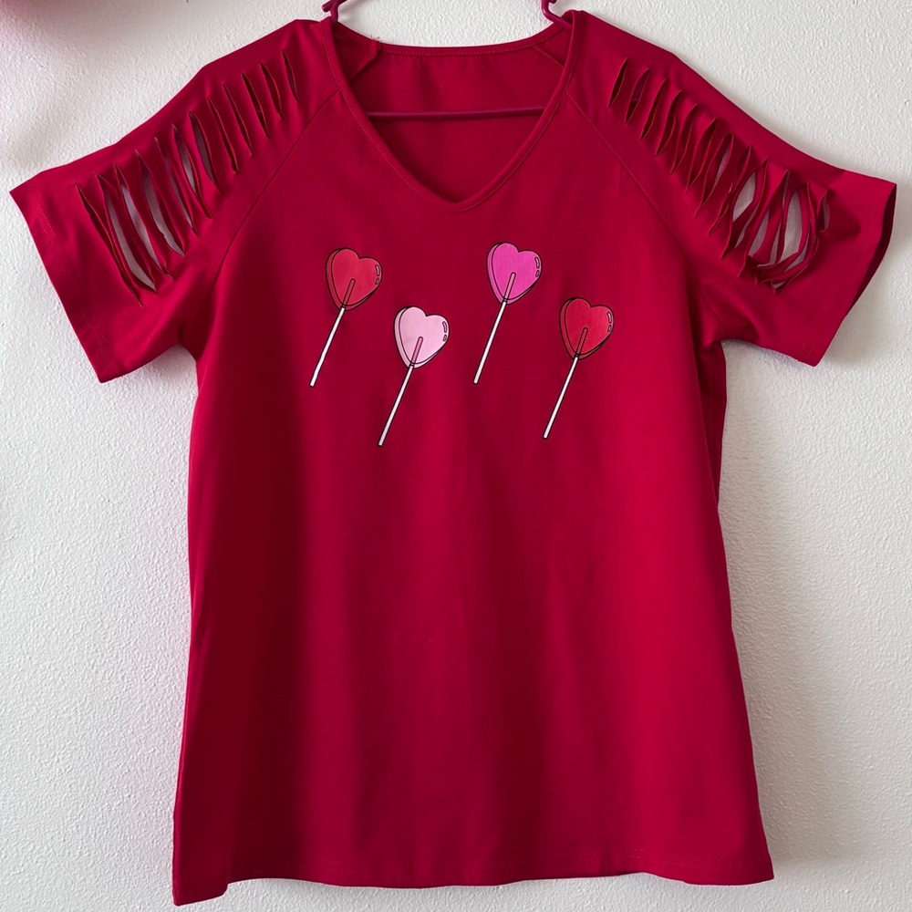 Women’s Red Heart Lollipop Print Cutout Sleeve Valentine’s Blouse Sz XL, L